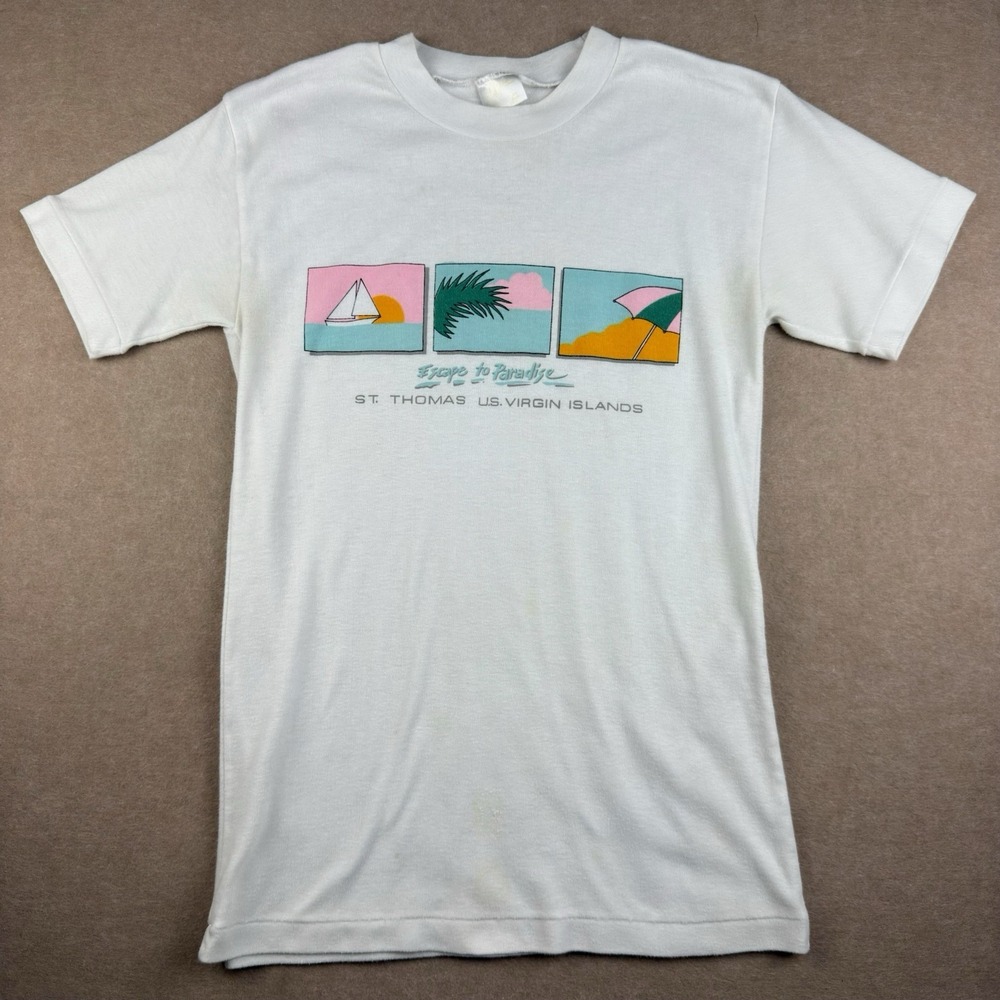 Vintage Escape to Paradise Shirt Men S White St. Thomas Islands Graphic‎ Tee